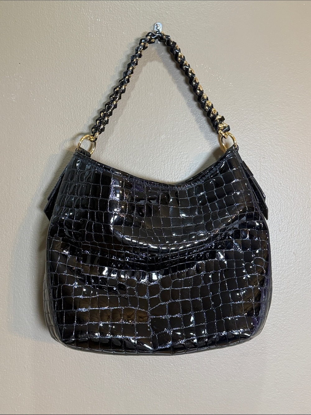Antonio Melani Black Croc Embossed Leather Hobo Shoulder Bag Gold Chain